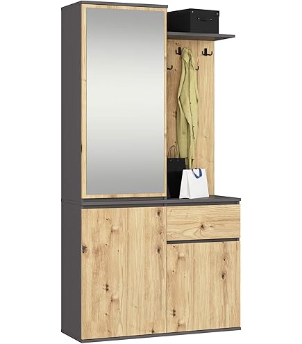 ADGO Halmeubel, compacte garderobe voor je gang, moderne set met kledingkasten, spiegel, kledinghangers en schoenenkast, met 6 kledinghaken voor kleding en jassen, kleur wit