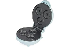 Petra PT4693BLNVDE - Macchina per mini ciambelle, elettrica e antiaderente, piastra da 12,5 cm, preriscaldamento circa 2 minuti, facile pulizia, 3 ciambelle per volta, compatta, 550 W, blu pastello