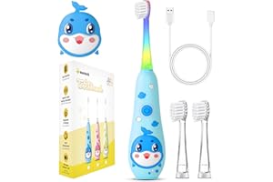 Teeteck Cepillo De Dientes Eléctrico Para Niños – Cepillo De Dientes Sónico Para Niños De 1 a 6 Años Con Luz LED Arcoíris, Con 2 Cabezales De Cepillo, Cable Magnético Carga USB, IPX7 Resistente Azul