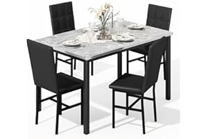 HOOSENG Dining Table and Chairs Set 4, Faux Marble Dining Table Set with 4 PU Chairs, Space Saving Design for Small Room (Gray & Black)