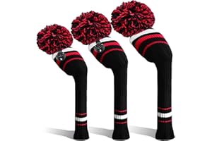FINGER TEN Golf Head Covers Woods Driver Fairway Hybrid 3 Pcs,Golf Headcover Pom Knitted Number 1 3 5 for Men Women Kids Anti-Wrinkle Washable Soft Portable Color Blue Red