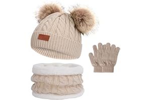 Floepx Mütze Set Jungen Mädchen,Mütze und Halstuch Baby Set,Bommel Beanie Strickmütze,Baby Mütze Beanie Strickmütze,Schal Mütze und Handschuhe,Kinder Wintermütze Schal Handschuhe,für Kinder 1-3 Jahre