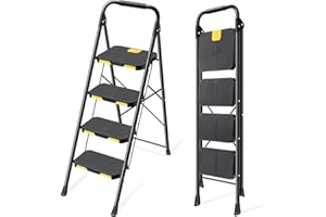 KINGRACK Scaletta 4 Gradini, Scala Pieghevole Domestica con Blocco di Sicurezza, Acciaio Portata 360kg con Ampio Pedale Antiscivolo, Corrimano Comoda, Cucina Casa Ufficio, Nero