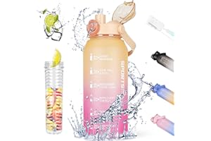 AOHAN Trinkflasche Sport 2l, Wasserflasche mit Strohhalm und Früchtebehälter, BPA-Frei Auslaufsicher Sportflasche Zeitmarkierung, Kohlensäure Geeignet für, Yoga, Gelb Rosa Farbverlauf