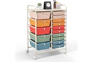 GIANTEX Trolley with 15 Drawers, Stackable, Drawer Trolley, Bathroom Trolley, Kitchen Trolley with Lockable Wheels, Storage Trolley, Household Trolley for Kitchen, Bathroom, Office, 63 x 37 x 87 cm