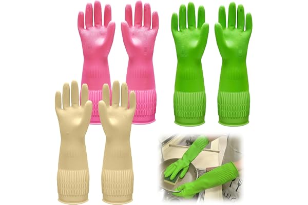 3 par återanvändbara hushållshandskar naturlatex 38 cm lång storlek M med halkfritt handtag vattentät oljeresistent och hållbar elasticitet perfekt för kök, badrum, trädgård och bilvård (färgglad)