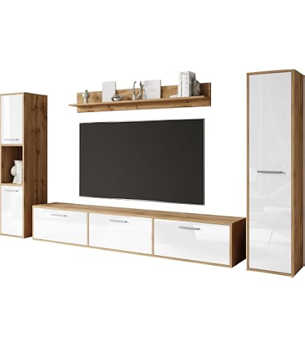 Ensemble Meubles Salon Vera II - 2 Vitrines + Meuble TV + Étagère - Blanc Brillant - Option LED - Montage Facile - 14