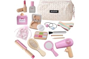 Smartwo Wooden Pretend Makeup Hairdressing and Jewelry Set for Toddler Girls, Fake Wooden Cosmetics with Handbag, Children Role Play Toys, Birthday Gift for 3 4 5 6 Years