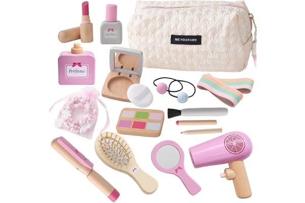 Smartwo Jouets de Maquillage Kit pour Enfants, Faux Maquillage Enfant Fille, Coiffure en Bois pour Jeux de Rôle, pour Les Anniversaires et Noël des Enfants de 3 4 Ans.