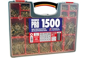 CHEAPSCREWS ORGANISER PRO 1500 ASSORTED YELLOW GOLD WOOD SCREW SET CHIPBOARD SCREWS POZIDRIVE IN PLASTIC BOX MIXED TRAY GENERAL PURPOSE WOODSCREWS TRADE PACK + 5 PZ2 BITS