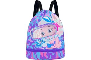 Angju Drawstring Bag, Swim Bag Waterproof Backpack Swim Bags for Swimmers Kids Swim Beach Bag Pull String Cinch Bag Girls Mermaid Cartoon Printed Cute Sport Backpack with Dry-wet Separate