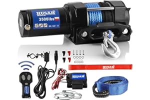 Husar Winch Cabrestante Eléctrico De 12V 3500 lbs | 1587 kg- Cuerda Sintética De 12 Metros de Largo Muy Resistente,Control Inalámbrico,Freno Automático,Kit De Montaje -Ideal para ATV/UTV+CORREA GRATIS