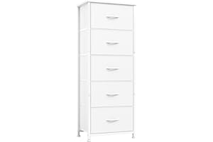 CAIYUN Chest of Drawers, 5 Drawer Tall Dresser, Fabric Dresser for Bedroom Closet Entryway Hallway Nursery Bedside, Storage Organiser Unit, White