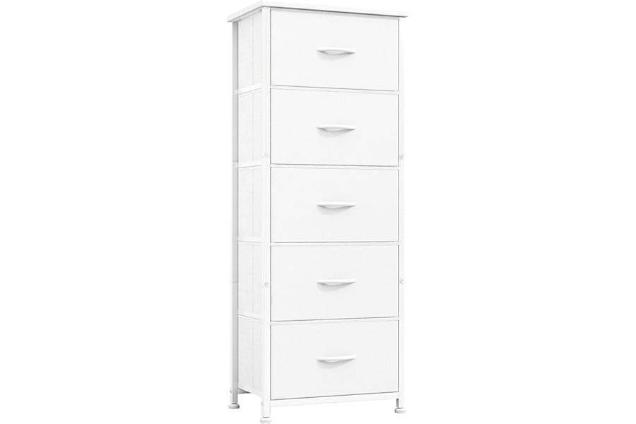 CAIYUN Chest of Drawers, 5 Drawer Tall Dresser, Fabric Dresser for Bedroom Closet Entryway Hallway Nursery Bedside, Storage Organiser Unit, White