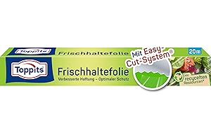 ‎TOPPITS Toppits Frischhaltefolie - 1 x 20m Selbsthaftende 3-Schicht Spezialfolie, Ergonomische Packung mit Abreiß-Säge, Transparent