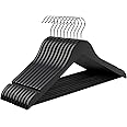 SONGMICS Wooden Hangers, Set of 10, Solid Wood Hangers, Notches in the Shoulder Area, Non-Slip Trouser Bar, 360° Rotating Hook, for Suits, Shirts, Black Silver, CRW02B10