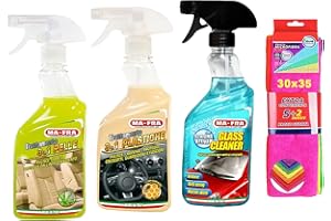 Ma-Fra Kit Trattamento Auto Interno ED Esterno. TRATTAMENTO 3IN1 PELLE- PLASTICHE- GLASS CLEANER, INSIEME 7 PANNI MICROFIBRA MULTIUSO 30x35 cm