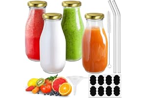 Mispudin 4 st 330 ml mjölkflaskor i glas med lock, glasjuiceflaskor med trattar, etiketter, sugrör och borste, återanvändbar