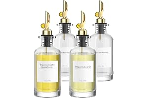 BOLLFO Lot de 4 distributeurs d'huile d'olive pour la cuisine, distributeur de sirop de café, distributeur d'huile, vinaigre et bouteilles d'huile avec bec lesté et 72 étiquettes, 350 ml