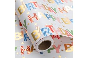 Wikadlik Colorful Birthday Wrapping Paper Roll - 43cm x 10m - Gold Foil Happy Birthday Lettering Gift Wrap for Holiday Shower Party