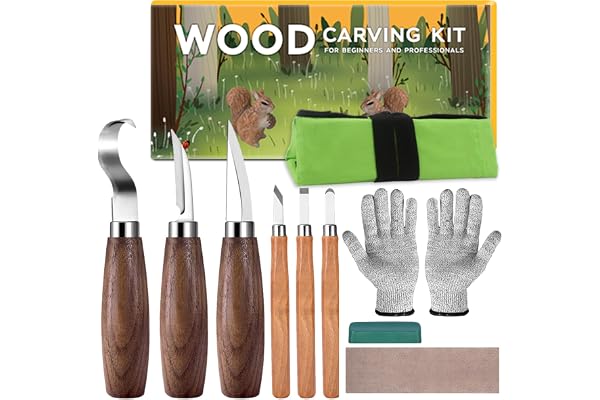 10 en 1 Kit Sculpture Bois, Outils Sculpture Bois avec 6 Couteau Sculpture Bois pour Débutants, Sculpteurs, Outil de Ciseaux à Bois Kit pour Bois, Gants Résistants aux Coupures, Sac Léger