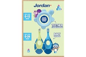 Jordan* ® Step 0 - Spazzolino da dentizione e allenamento per bambini, senza BPA, igienico, 2 in 1, soluzione per dentizione e spazzolatura precoce per bambini, blu, 1 massaggiagengive + 2 spazzolini