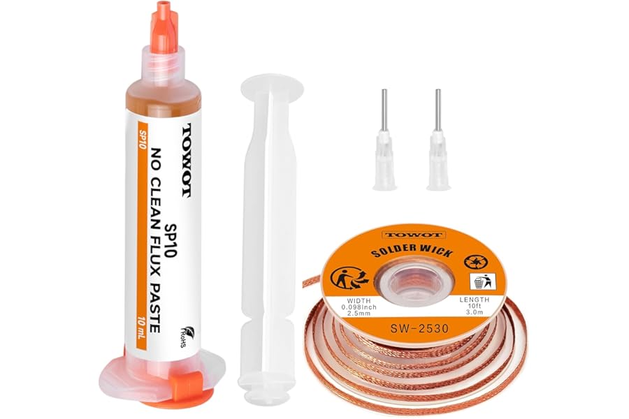 TOWOT 10ft Solder Wick Braid & No-Clean Soldering Flux Paste (10cc) - Desoldering Kit for Electronics Repair,Circuit Board Rework