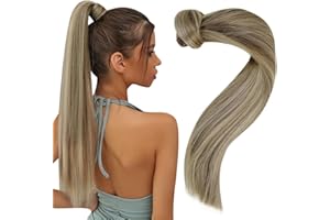 ‎EASYOUTH Easyouth Zopf Haarverlangerung Echthaar Clip in Zopf Extensions Ponytail 18 Zoll 80g Farbe Aschbraun Mix Platinblond Zopf Haarverlangerung Echthaar #8P60