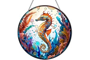 MATIHAY Mermaid Stained Acrylic Window Hanging, Acrylic Mermaid Wall Decor, Mermaid/Seahorse Ocean Wall Art Decor for Home, Coffee Bar, Housewarming Gift (Seahorse-L)