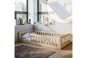 Kids Collective Letto Montessori per Bambini a Terra 80 x 160 cm Con Materasso, Protezione Anticaduta e Rete a Doghe - Singolo Naturale in Legno di Pino