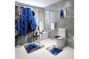 Bullpiano Valentinstags-Duschvorhang-Set mit rutschfestem Teppich, WC-Deckelbezug und Badematte, Valentinstags-Dekor-Set, Rosen/Liebesherz, Valentinstags-Badevorhang-Set, Valentinstagsdekoration (Q)