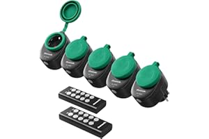 DEWENWILS Gniazda radiowe z pilotem zdalnego sterowania, zewnętrzne, 16 A, 3680 W, programowalny zestaw gniazd radiowych, IP44, 5 gniazd z 2 pilotami zdalnego sterowania, do dekoracji świątecznych,