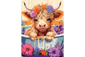 AIRDEA Pot De Fleurs De Vache Des Highlands Peinture par Numéros Adultes débutants, Acrylique Peinture Numero Adulte sur Toile, Kit de Peinture à l'huile sur Toile Bricolage avec pinceaux 30X40CM