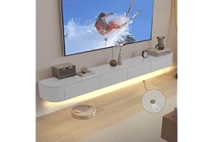 Ribanedy Pensile TV Moderno in Legno Massello con Illuminazione LED | Consolle per Divertimento Montata a Parete con Antine Ribaltabili | Panchina TV per Soggiorno e Ufficio (Bianco, 180cm)