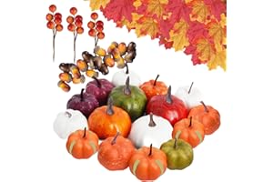 ANIEPAA 59-częściowy plastikowy zestaw jesiennych dyń, sztuczne dynie, dekoracje z liśćmi klonu, żołędziami, szyszkami, dyniami, czerwonymi jagodami, na jesień, Święto Dziękczynienia, Halloween, dekoracja do