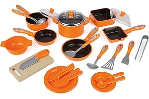 SPIEL AG 28 TLG Kochtopf Set für Spielküche Töpfe Pfannen Bräter viel Zubehör orange