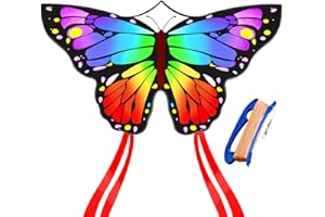 Flying Hoofer Colourful butterfly kite for children and adults (55 x 29 inches) - easy to fly for beach, beginners and family fun, large single-line kite with 300 ft cord handle.