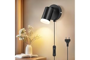 ‎DEHOBO Dehobo Wandleuchte mit Stecker und Schalter - LED Wandlampe Innen GU10 Schwarz Matt Rund Drehbare 350°- Wandleuchte mit Kabel für Schlafzimmer Studie Büro - Ohne Leuchtmittel