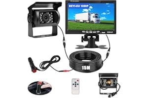 BEYI 1080P Car Reversing Camera Kit - 7" LCD HD Screen IP68 Waterproof Wired Reverse Camera, 12V-24V parking Sensor kit Night Vision Backup Camera with 15M Cable for Vans RV Bus Truck Trailer Campers