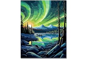 TISHIRON Paint by Number for Adult, Aurora Painting by Number Kits On Canvas, DIY Mountain and Lake Paint by Numbers, Flameless Landscape Paint by Numbers for Adults and Kids Beginner 16X20 Inch