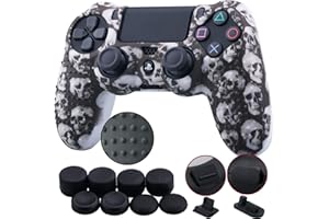 9CDeer 1 Pieza de Siliconas Tachonado Transferencia de Agua Protector Manga Caso Cubierta Piel Cover Skin + 8 Thumb Grip + 2 a Prueba de Polvo Tapones para Mando PS4/Slim/Pro, Cráneo Negro