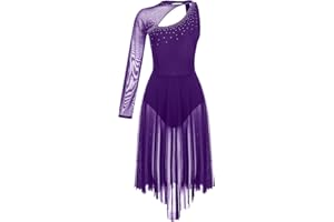 dPois Asymétrique Robe Danse Contemporain Femme Competition Justaucorps Gymnastique Robe Danse Classique Tenue Patinage Artistique Costume Jazz Moderne Spectacle