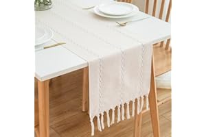 Chuqing - Runner da tavola in stile rustico e boho, con nappe, poliestere, inodore, 228 x 32 cm, colore: avorio