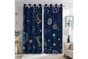 ‎TTINCCEER Ttincceer Marineblau Raum Blackout Vorhänge Cartoon Sterne Planeten Thema Galaxie Vorhänge für Kinder Schlafzimmer Weltraum Vorhange mit Ösen Kinderzimmer Raum Dekor 2 Panels 117x138cm