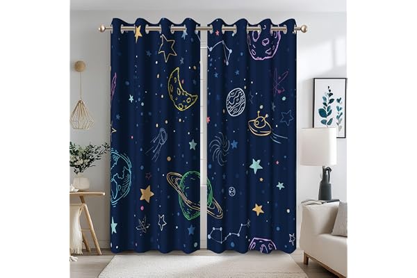 Ttincceer marinblå rymd mörkläggningsgardiner tecknade stjärnor planeter tema galaxgardiner för barn sovrum yttre rymdgardiner med genomföring barnkammare utrymme dekor gardin 2 paneler 107 x 160 cm