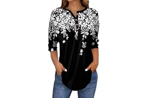 Qixiu T Shirts for Women UK,Womens T Shirts,3/4 Length Sleeve Ladies Tops 2025 Spring Neck Casual Retro Pattern Print Tunic Three Quarter Length Blouses Womens Oversized T-Shirt Black White