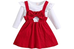 Qiraoxy Baby Girl Clothes Set Ruffle Long Sleeve T-Shirt Top + Knitted Bowknot Strap Overall Dress Toddler Kids Girl Spring Fall 2Pcs Clothing Outfit