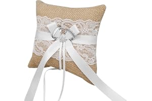 HANIUTTY Ringkissen Hochzeit Vintage, 20cm Jute Spitzeblumen Rustikale Eheringe Brautkissen Träger Ringschachtel Ringkästchen Ringschatulle Wedding Ring Pillow für Verlobung Oder Eheringe