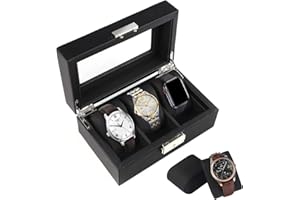 gramiibeau Caja de reloj con 3 relojes de cuero de PU de fibra de carbono de lujo con tapa de cristal, hebilla con cierre, regalos para padre y amigo, 18,8 x 11 x 8 cm