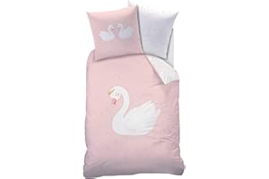 YECNA CTI Juego de cama reversible de cisne, 135 x 200 cm y 80 x 80 cm, 100% linón de algodón, para niñas, con corona y estrellas.